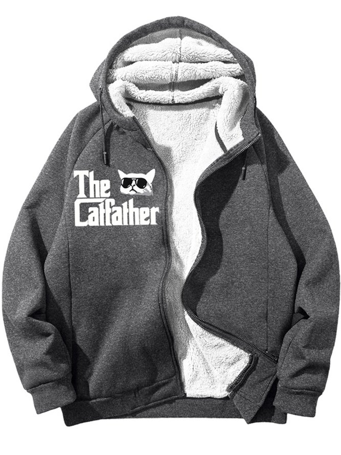 Men's Cat Father Cool Black Cat Funny Graphic Print Hoodie Zip Up Sweatshirt Warm Jacket With Fifties Fleece