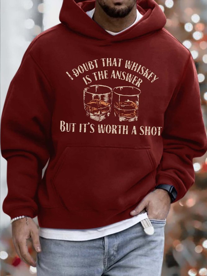 Men’s I Doubt That Whiskey Is The Answer But It’s Worth A Shot Text Letters Casual Hoodie Loose Sweatshirt