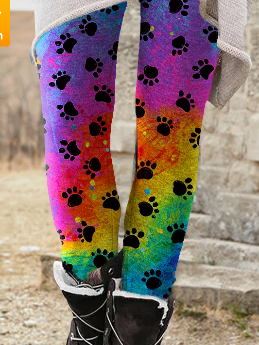 Women's Rinbow Of Cat Paw Print Casual Leggings