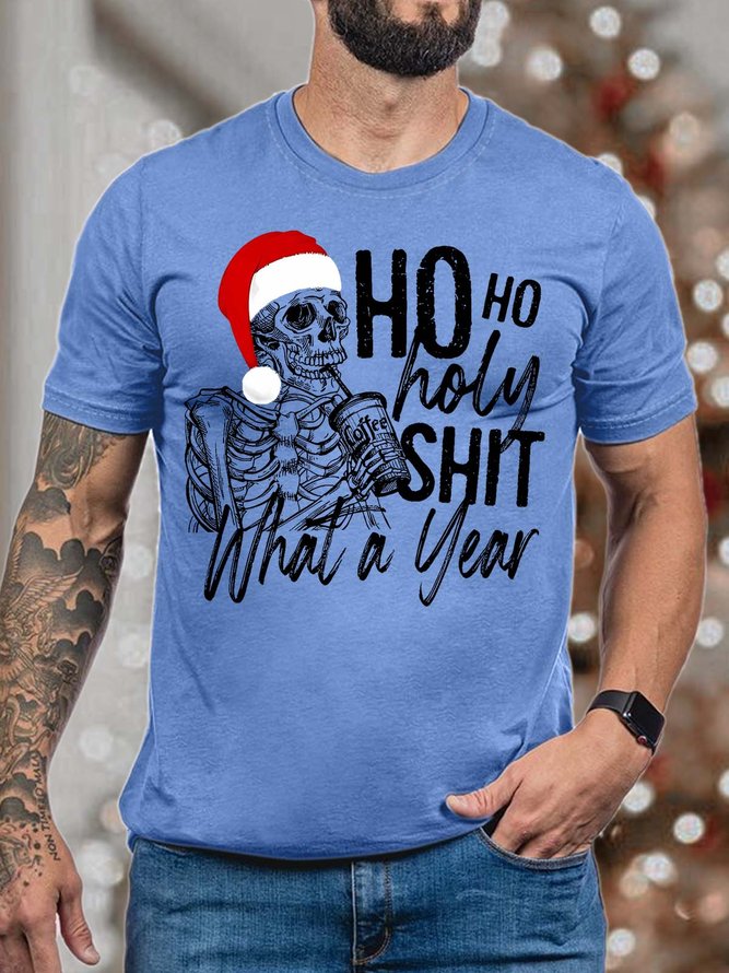 Men’s Ho Ho Holy Shit What A Year Merry Christmas Santa Fit Crew Neck Casual T-Shirt