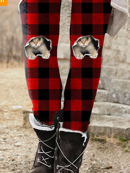 Women's Cat Red Plaid Print Leggings