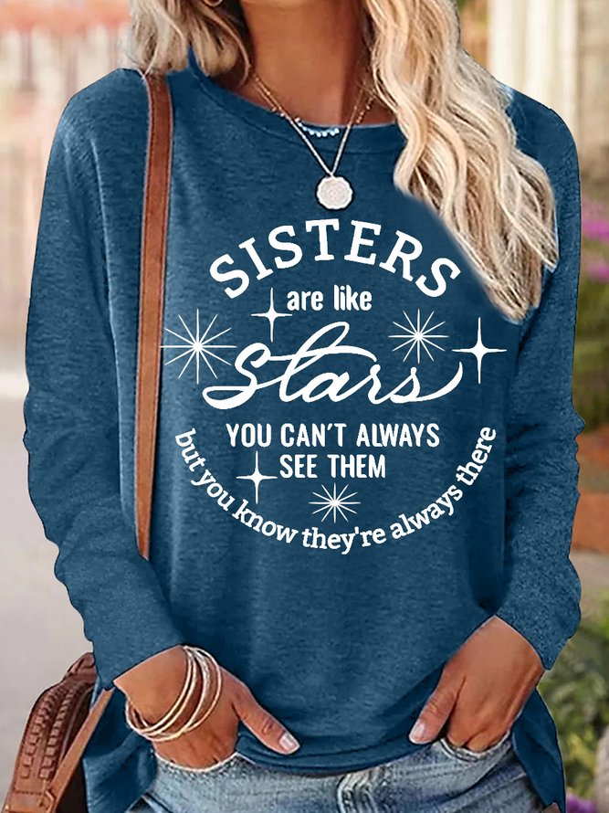 Women's Funny Word Sisters Are Like Stars Regular Fit Cotton-Blend Simple Long Sleeve Top