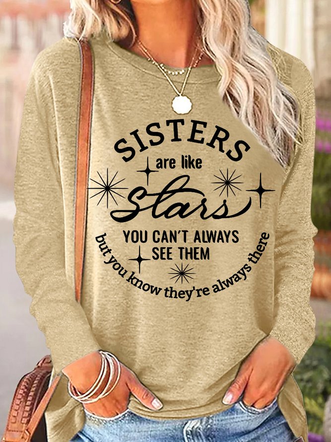 Women's Funny Word Sisters Are Like Stars Regular Fit Cotton-Blend Simple Long Sleeve Top