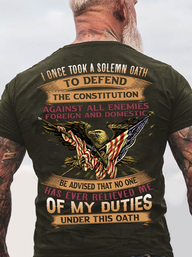Men's No One Has Ever Relieved Me Of My Duties Under This Oath Funny Flag Graphic Print Casual Text Letters Cotton T-Shirt