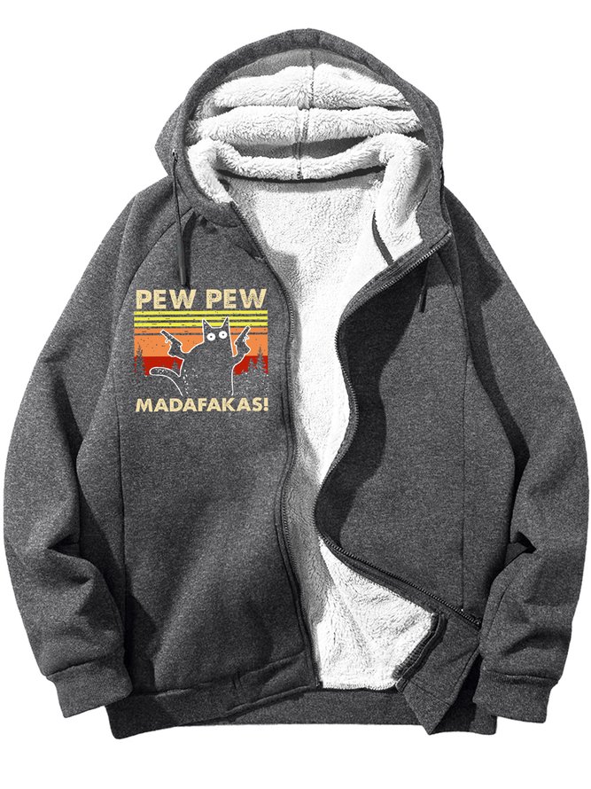 Men's Men's Pew Pew Madafakas Cat Funny Vintage Graphic Print Hoodie Zip Up Sweatshirt Warm Jacket With Fifties Fleece