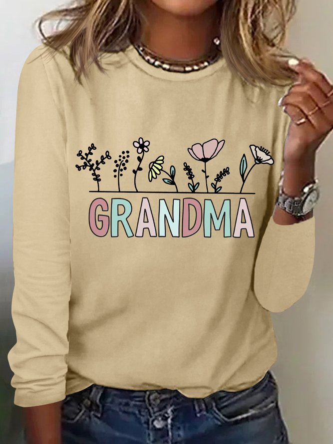 Women's Grandma Simple Floral Regular Fit Long Sleeve Top