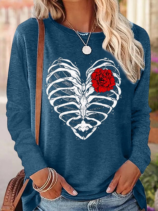 Women's Heart Rib Cage Rose Text Letters Simple Long Sleeve Top