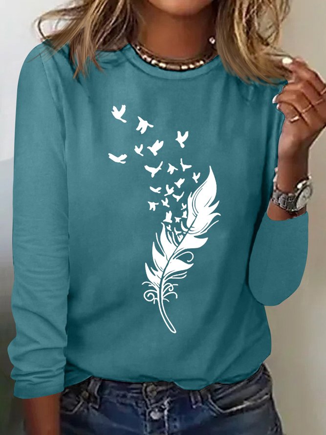 Women's Feather Pattern Simple Feather Pattern Crew Neck Long Sleeve Top