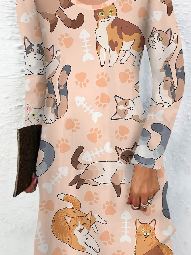 Women's Cat Print Casual Regular Fit Crew Neck Dress