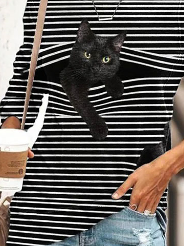 Cute Black Cat Women's Long Sleeve Casual Striped T-Shirt