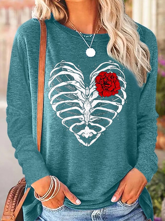 Women's Heart Rib Cage Rose Text Letters Simple Long Sleeve Top
