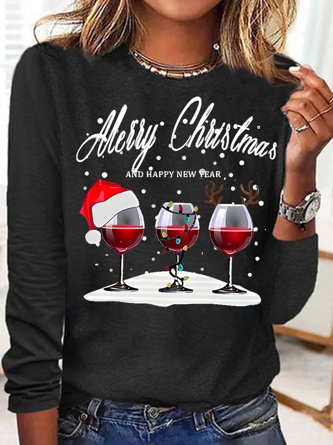Women's Marry Christmas And Happy New Year Wine Santa Print Casual Sweatshirt