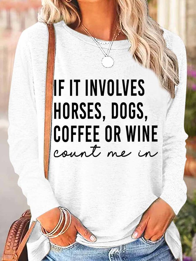 Women's Funny Word Dog Horse Coffee Regular Fit Text Letters Simple Top