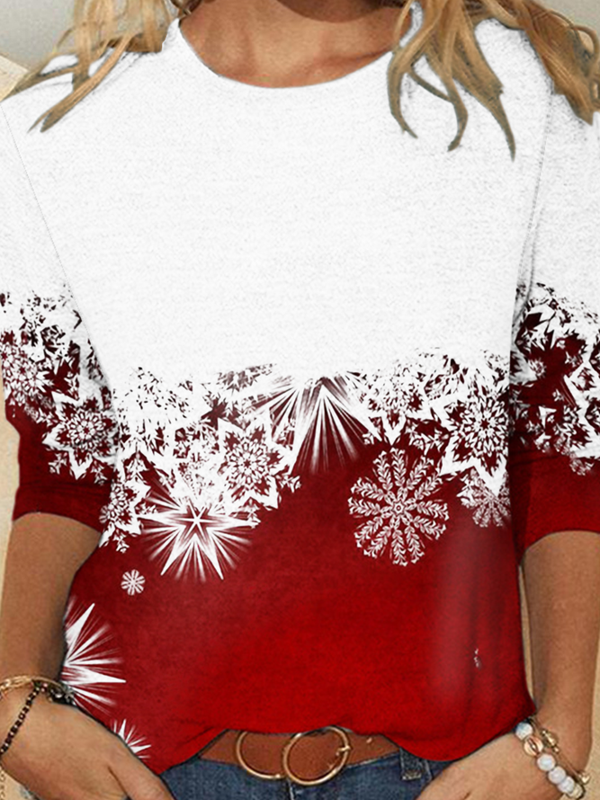 Women's Snowflake Gradient Print Round Neck Long Sleeve T-shirt