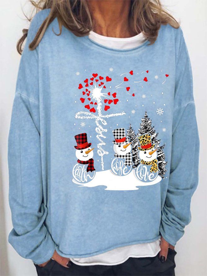 Women’s Faith Hope Love Snowmen Merry Christmas Casual Crew Neck Sweatshirt