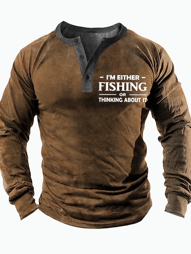 Men's I Am Either Fishing Or Thinking About It Funny Graphic Printing Half Turtleneck Regular Fit Text Letters Casual Top