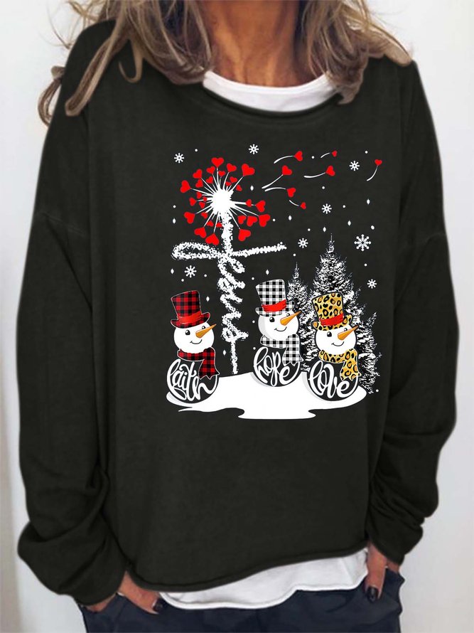 Women’s Faith Hope Love Snowmen Merry Christmas Casual Crew Neck Sweatshirt