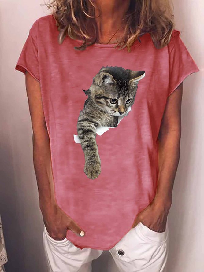 Women's Funny Cat Loose Casual Crew Neck T-Shirt