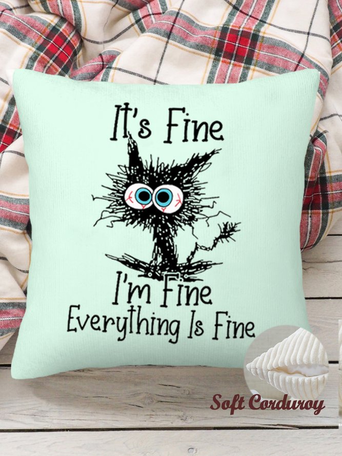 18*18 Funny I Am Fine Black Cat Letter Throw Pillow Covers, Pillow Covers Decorative Soft Corduroy Cushion Pillowcase Case For Living Room