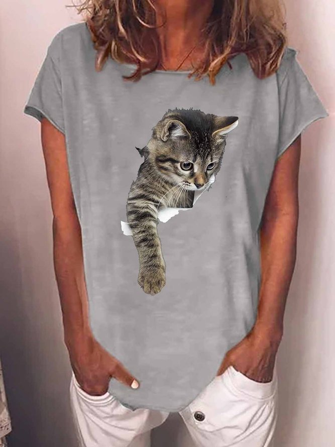 Women's Funny Cat Loose Casual Crew Neck T-Shirt
