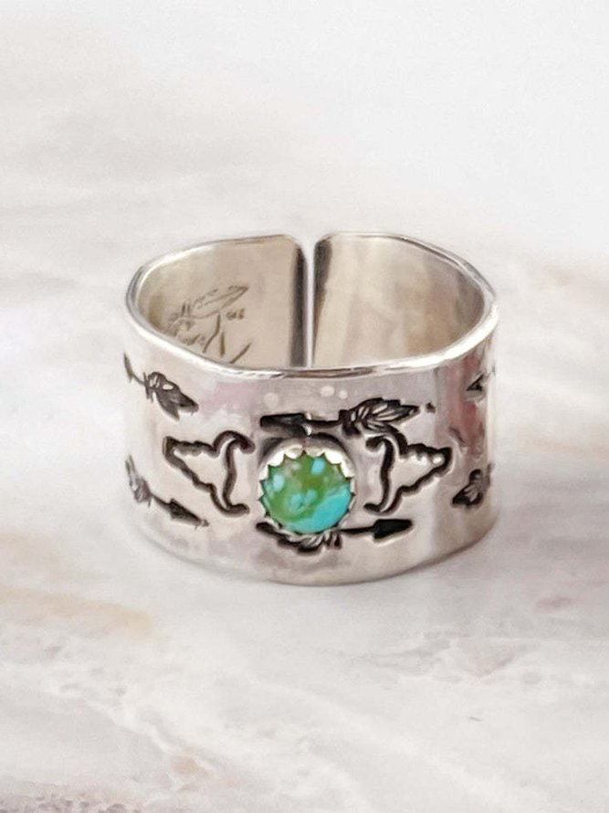 Vintage Turquoise Ethnic Pattern Chop Ring Boho Holiday Jewelry