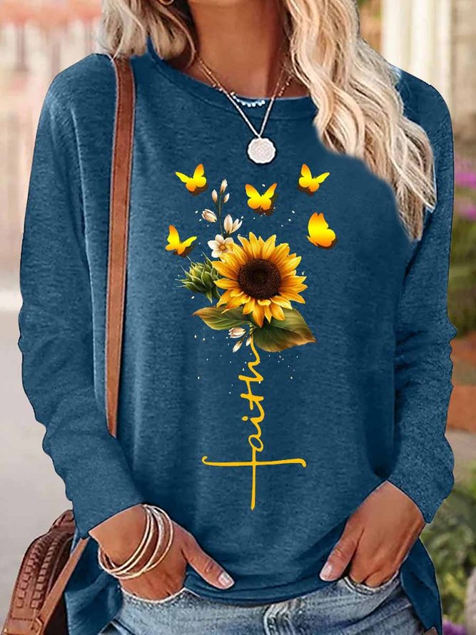 Women‘s Faith Cotton-Blend Simple Crew Neck Sunflower Long Sleeve Top