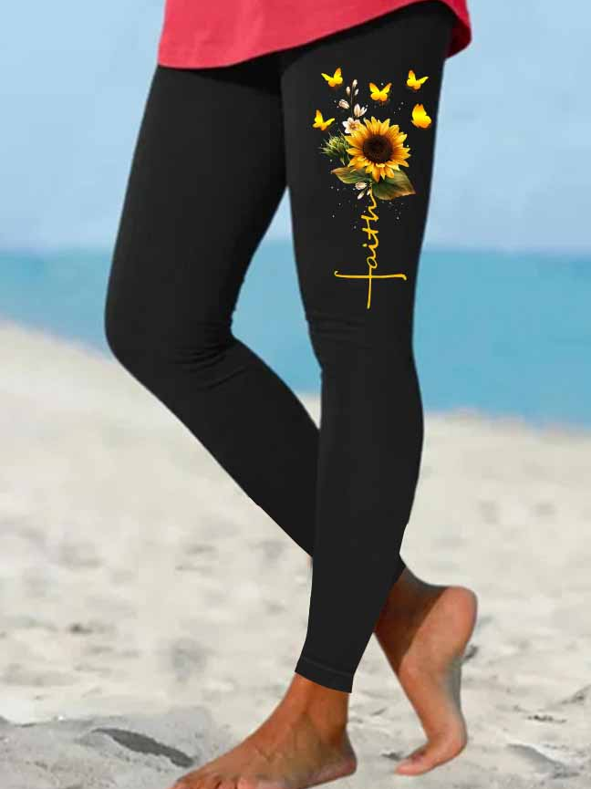 Women's Faith Sunflower Butterfly Simple Leggings