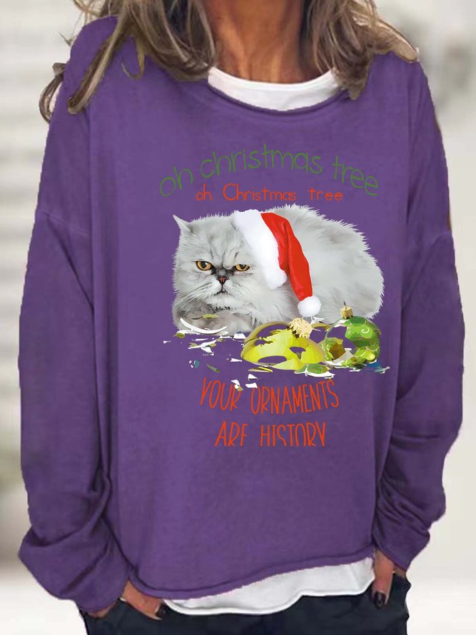 Women Oh Christmas Tree Your Ornaments Are History Cat Christmas Hat Casual Loose Sweatshirt