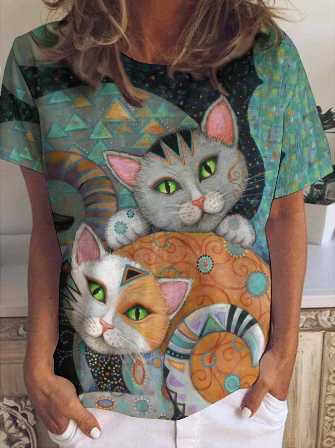 Women’s Retro Funny Cat Loose Cat Crew Neck Simple T-Shirt