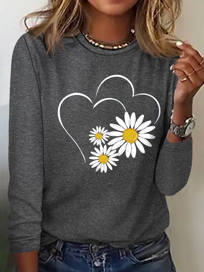 Women's Heart & Floral Print Crew Neck Casual Top