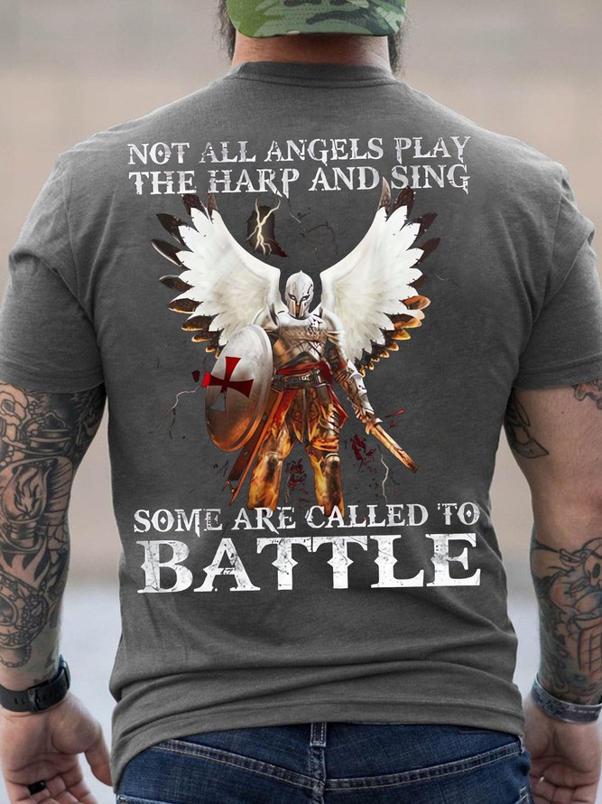 Men's Not All Angels Play The Harp And Sing Some Are Called To Battle Funny Graphic Printing Cotton Text Letters Casual Crew Neck T-Shirt