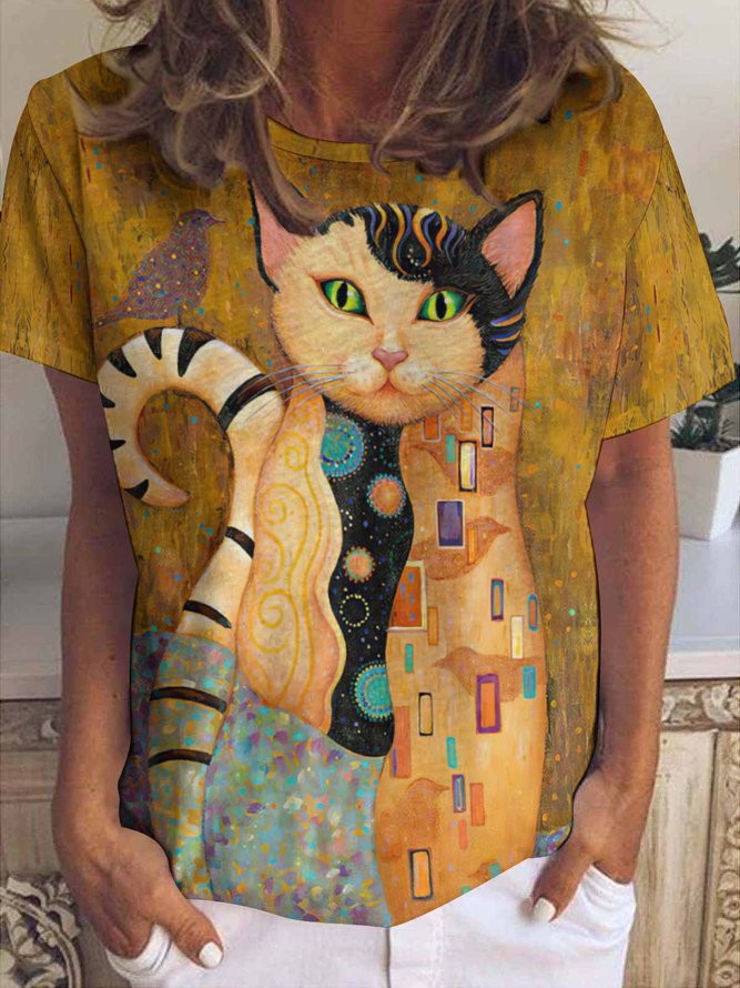 Women's Retro Funny Cat Crew Neck Loose Simple T-Shirt