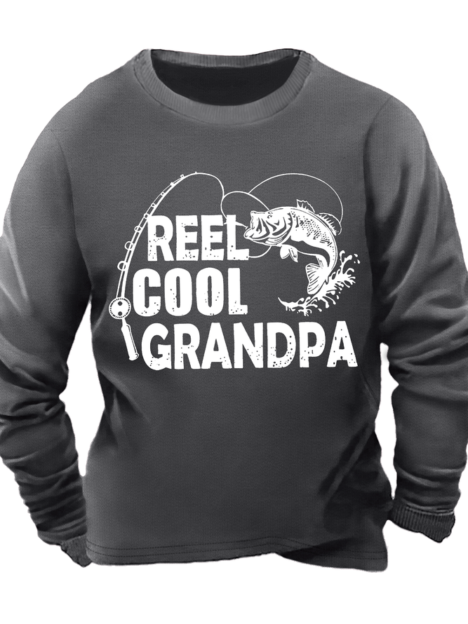 Men's Reel Cool Grandpa Fishing Funny Graphic Printing Text Letters Loose Cotton-Blend Casual Sweatshirt