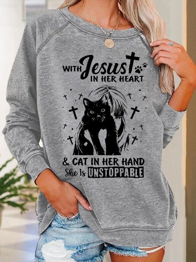 Women's With Jesus In Her Heart Coffee In Her Hand & Her Cat She Is Unstoppable Neck Loose Sweatshirt