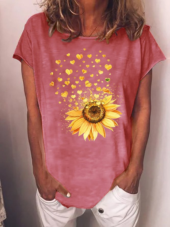 Women's Crew Neck Casual Sunflower Heart T-Shirt