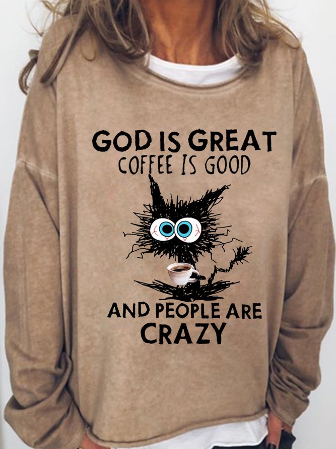 Women's God Is Great Coffee Is Good Cat Crew Neck Letters Print Casual Sweatshirt