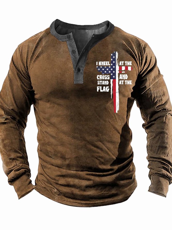 Men’s I Kneel At The Cross And Stand At The Flag Half Open Collar Text Letters Casual Regular Fit Top