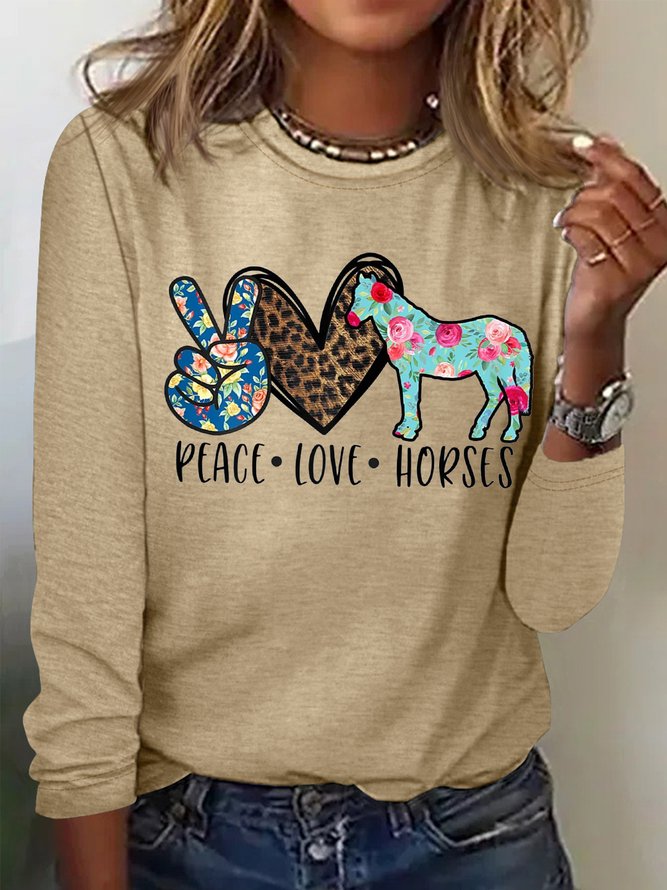 Women's Peace Love Horses Funny Graphic Printing Casual Crew Neck Text Letters Loose Top