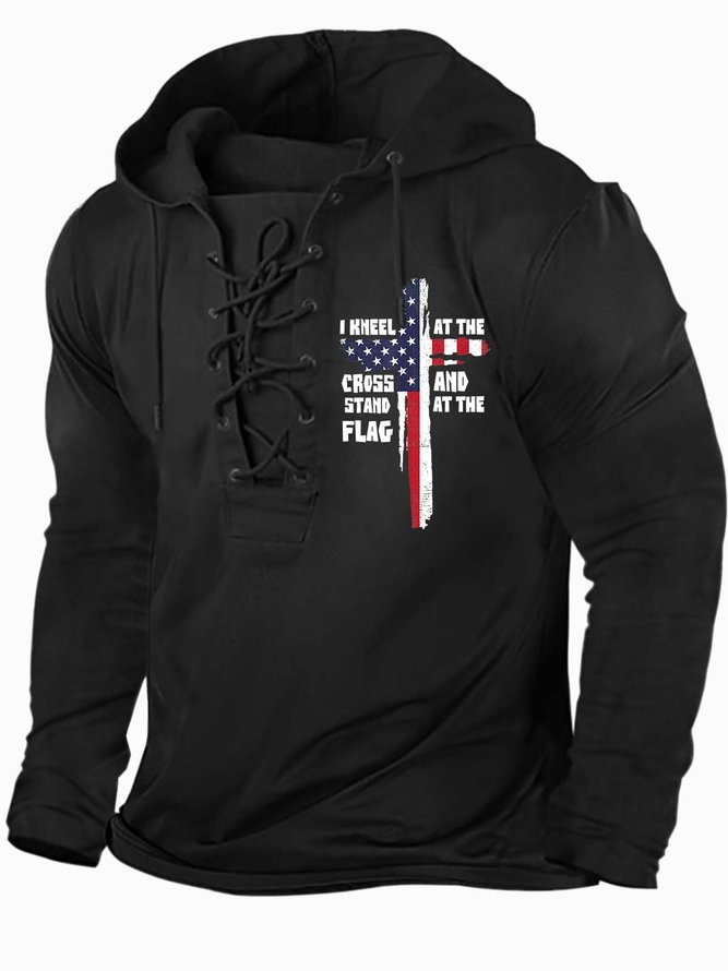 Men’s I Kneel At The Cross And Stand At The Flag Text Letters Casual Half Open Collar Regular Fit Sweatshirt