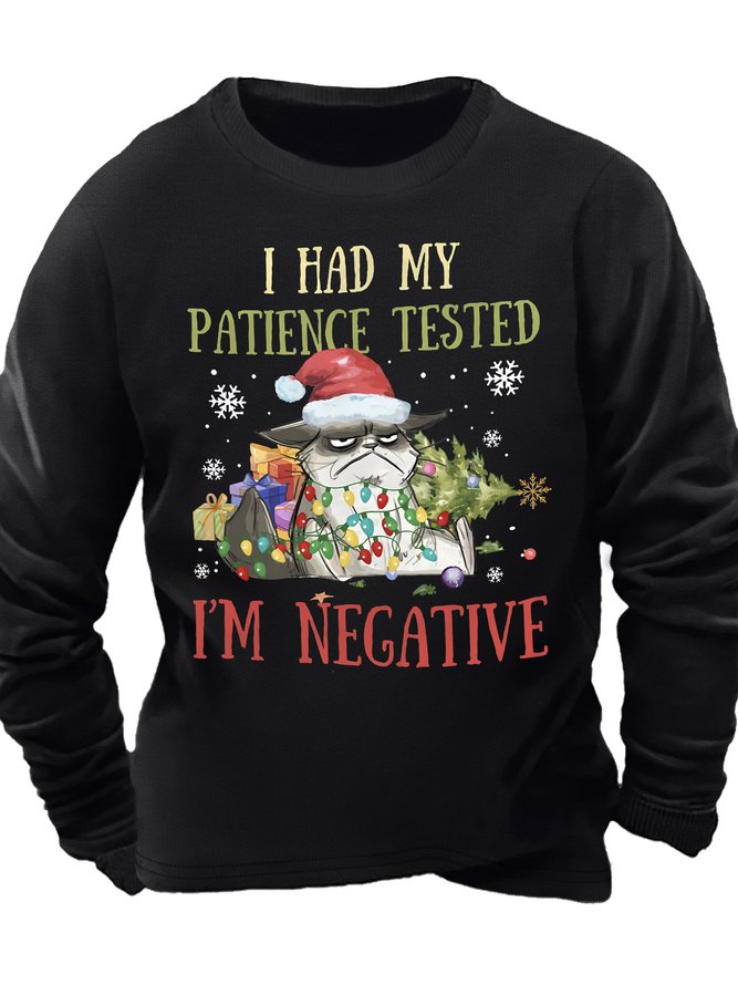 Men's I Had My Patience Tested I Am Negative Merry Christmas Funny Grumpy Cat Graphic Printing  Loose Casual Crew Neck Sweatshirt