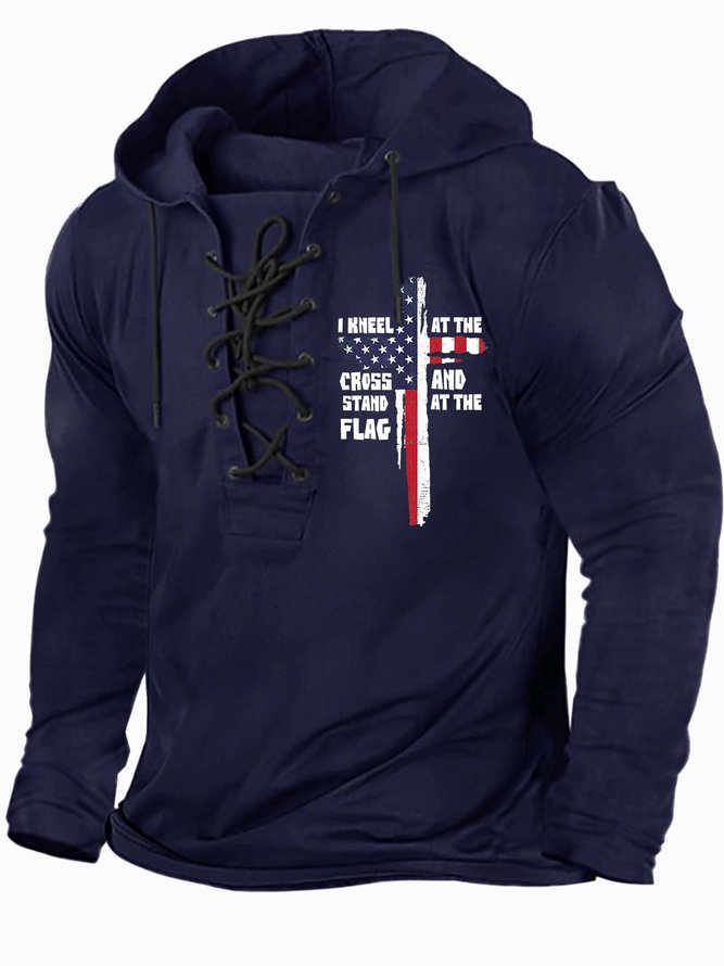 Men’s I Kneel At The Cross And Stand At The Flag Text Letters Casual Half Open Collar Regular Fit Sweatshirt