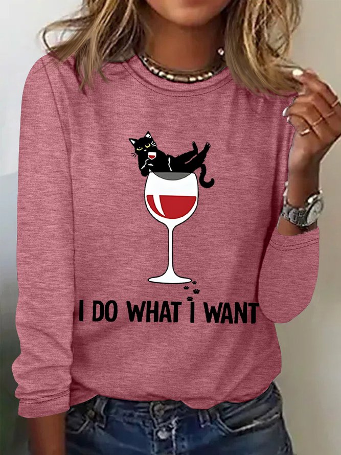 Women's I Do What I Want Black Cat Wine Text Letters Simple Long Sleeve Top