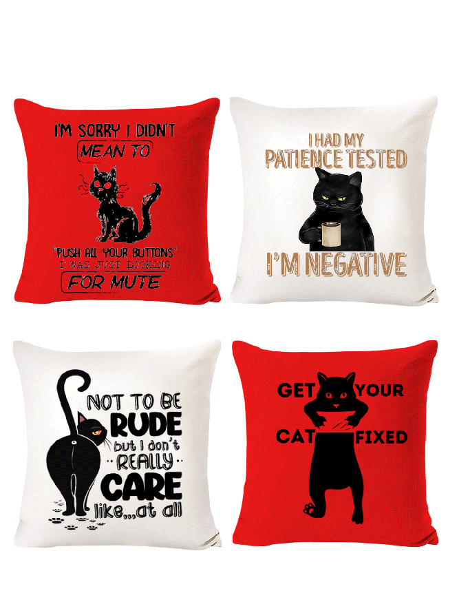 18x18 Set of 4 Cushion Pillow Covers, Black Cat Letter Backrest Decorations for Home