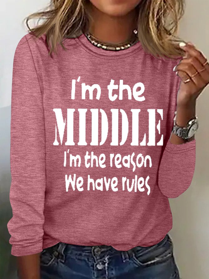 Women‘s I'm The Middle Cotton-Blend Simple Text Letters Long Sleeve Top