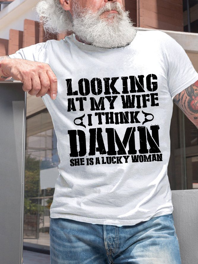 Men’s Funny Wife Text Letters Loose Casual Cotton T-Shirt