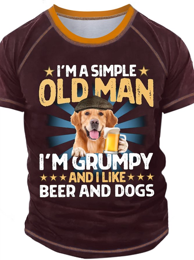 Men's I Am A Simple Old Man I Am Grumpy And I Like Beer And Gogs Funny Graphic Print Text Letters Regular Fit Casual Crew Neck T-Shirt