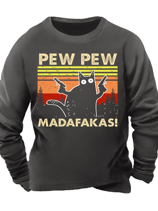 Men's Cat Funny Vintage Graphic Print Cotton-Blend Crew Neck Text Letters Sweatshirt