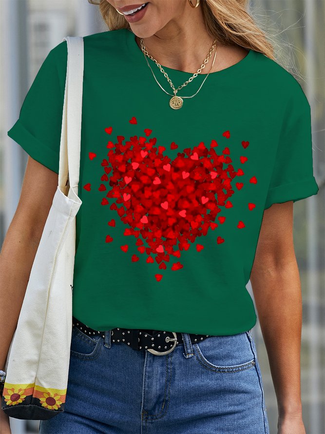 Women's Simple Heart Valentine's Day Cotton Crew Neck T-Shirt