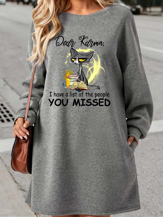 Women's Funny karma letter Grumpy Cat Crew Neck Casual  Dress