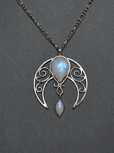 Silver Natural Opal Moonstone Cutout Necklace Ethnic Vintage Jewelry